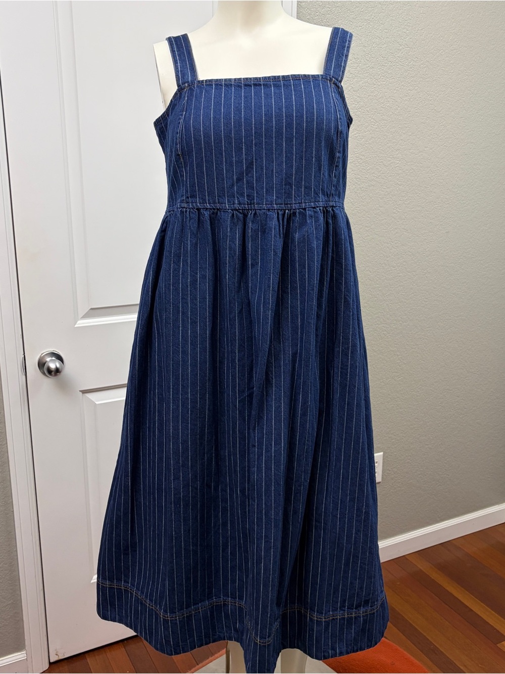 Aligne Rosa Stripe Organic Cotton Denim Midi Dress US 14 Pinstripe Empire Waist
